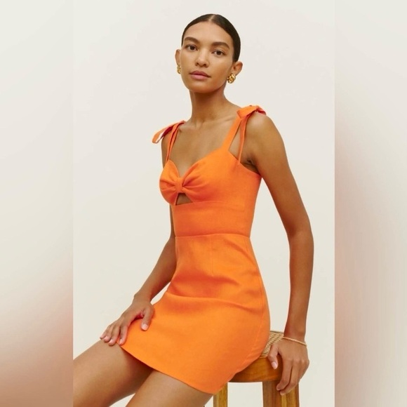 Reformation Pearson Linen Mini Dress Citrus Orange Tie Straps Keyhole Size 6 - Picture 5 of 12